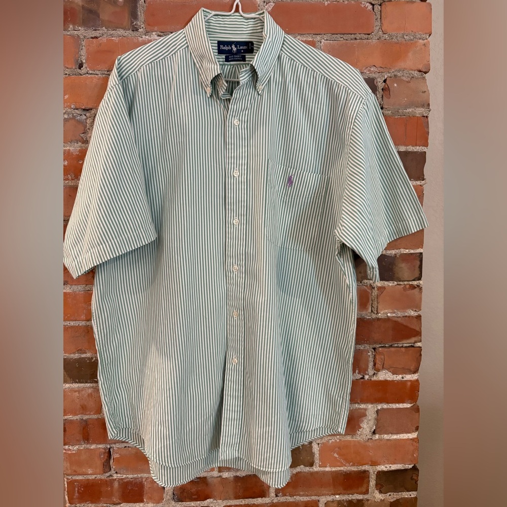 Polo Ralph Lauren Big Shirt Oxford Men's M Green Striped SS Button Down Cotton